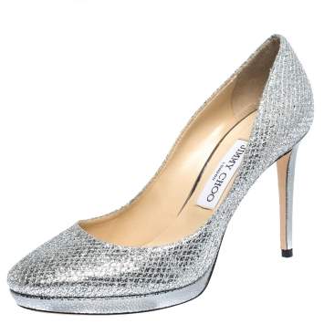 Pre Owned Jimmy Choo Silver Glitter Fabric And Lizard Embossed Leather Hope Platform Pumps Size 38.5
