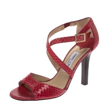 Pre Owned Jimmy Choo Pink Python Cross Strap Block Heel Sandals Size 38
