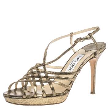 Pre Owned Jimmy Choo Metallic Bronze Lamé Fabric Platform Cage Sandals Size 38.5