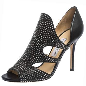 Pre Owned Jimmy Choo Black Leather Studded Tarine Peep Toe Sandals Size 38.5