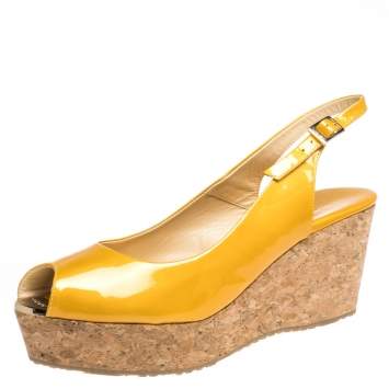 Pre Owned Jimmy Choo Mustard Yellow Patent Praise Cork Slingback Wedges Size 41