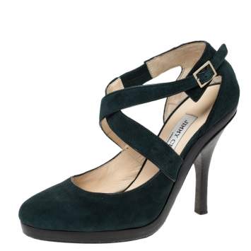 Pre Owned Jimmy Choo Green Suede Leather Cross Strap Platform Sandals Size 38.5