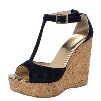 Pre Owned Jimmy Choo Blue Suede Pela Cork Wedge Ankle Strap Platform Sandals Size 37.5