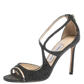 Pre Owned Jimmy Choo Black Glitter Suede And PVC Strappy Sandals Size 37