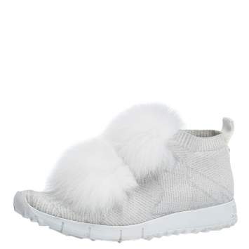 Pre Owned Jimmy Choo White/Silver Knit Fabric And Fur Pom Pom Norway Sneakers Size 38.5 