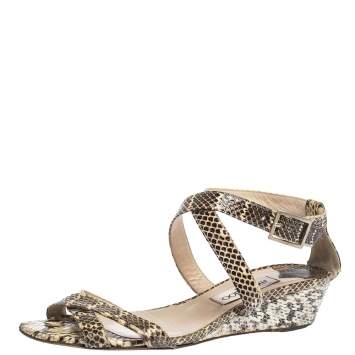 Pre Owned Jimmy Choo Brown/Beige Python Leather Conner Wedge Ankle Strap Sandals Size 40