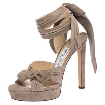 Pre Owned Jimmy Choo Brown Pleated Suede Ankle Wrap Platform Sandals Size 36.5