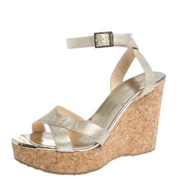 Pre Owned Jimmy Choo Gold Lame Fabric Papyrus Cork Wedge Ankle Strap Sandals Size 39