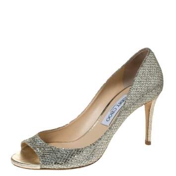 Pre Owned Jimmy Choo Metallic Gold Glitters Evelyn Open Toe Pumps Size 38.5