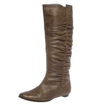 Pre Owned Jimmy Choo Brown Leather Pleat Detail Knee High Boots Size 38.5