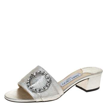 Pre Owned Jimmy Choo Silver Leather Granger Buckle Embellished Slide Sandals Size 36