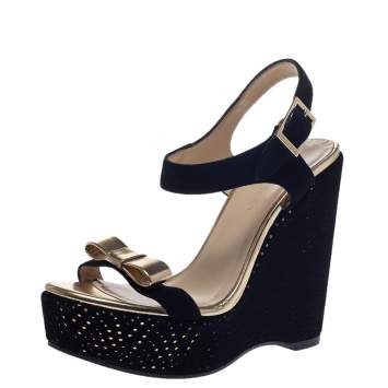 Pre Owned Jimmy Choo Black/Gold Suede And Leather Nice Wedge Platform Sandals Size 36