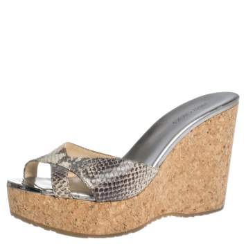 Pre Owned Jimmy Choo Grey/White Snake Embossed Leather Pandora Cork Wedges Size 39