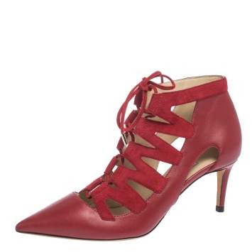 Pre Owned Jimmy Choo Red Leather and Suede Dixon Cut Out Pointed Toe Pumps Size 35.5