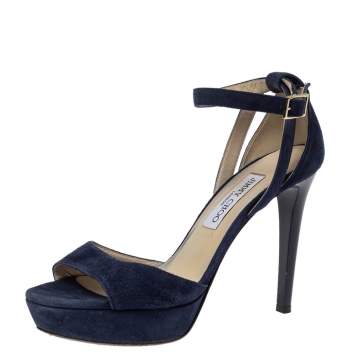 Pre Owned Jimmy Choo Blue Suede Leather April Cross Strap Platform Sandals Size 38.5