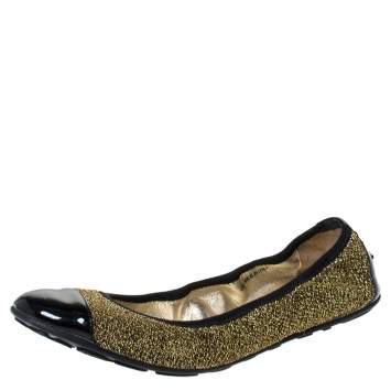 Pre Owned Jimmy Choo Metallic Gold Lamè and Black Patent Leather Winnie Cap Toe Scrunch Ballet Flats Size 38