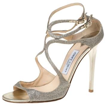 Pre Owned Jimmy Choo Silver Glitter Fabric Lang Ankle Strap Sandals Size 40