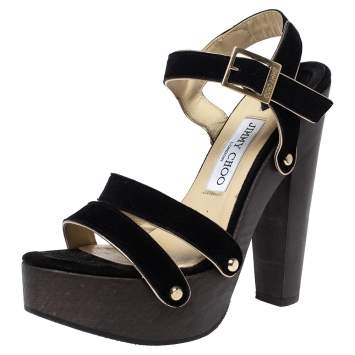 Pre Owned Jimmy Choo Black Suede Wooden Platform Ankle Strap Sandals Size 38