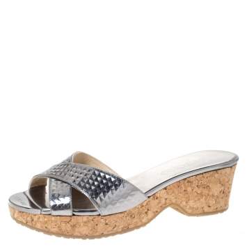 Pre Owned Jimmy Choo Metallic Silver Textured Leather Panna Cork Wedge Sandals Size 36