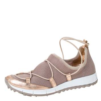 Pre Owned Jimmy Choo Metallic Beige Mesh And Leather Trims Andrea Mesh Slip-On Sneakers Size 35