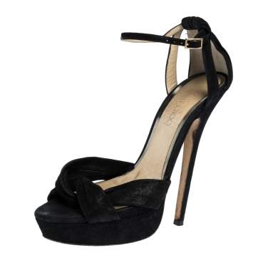 Pre Owned Jimmy Choo Black Suede Leather Marion Platform Ankle Strap Sandals Size 38