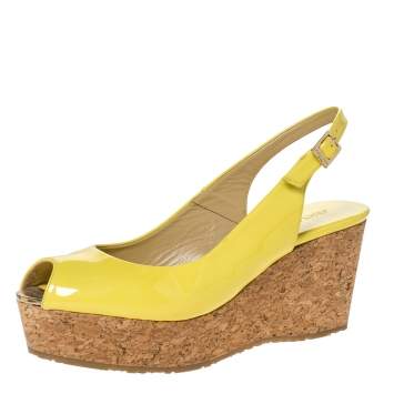 Pre Owned Jimmy Choo Yellow Patent Leather Praise Slingback Wedge Sandals Size 38