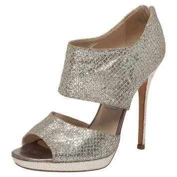 Pre Owned Jimmy Choo Silver Glitter Private Platform Sandals Size 38.5