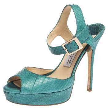 Pre Owned Jimmy Choo Emerald Green Python Leather Platform Ankle Strap Sandals 37