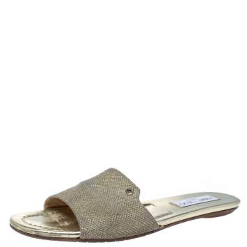 Pre Owned Jimmy Choo Metallic Gold Glitter Fabric Nanda Flat Slides Size 38