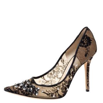 Pre Owned Jimmy Choo Black Lace And Leather Trim Embellished Lyzo Pointed Toe Pumps Size 41