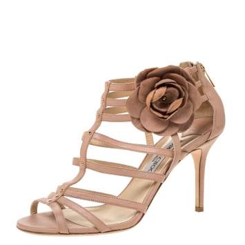 Pre Owned Jimmy Choo Powder Pink Leather Opaque Flower Detail Cage Sandals Size 40