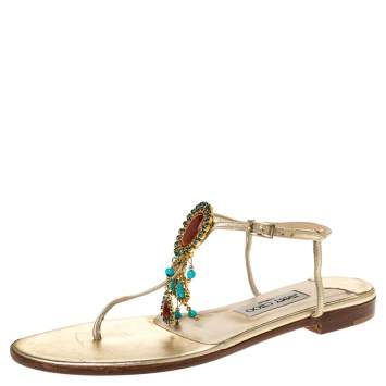 Pre Owned Jimmy Choo Metallic Gold Leather Crystal Embellished Flat Thong Sandals Size 39.5
