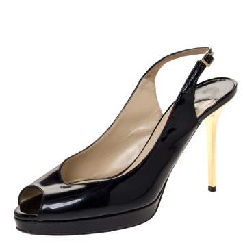 Pre Owned Jimmy Choo Black Patent Nova Peep Toe Platform Slingback Sandals Size 38