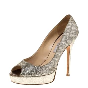 Pre Owned Jimmy Choo Metallic Champagne Lamè Glitter Fabric Dahlia Platform Peep Toe Pumps Size 37.5