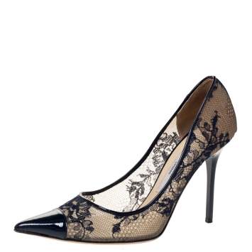 Pre Owned Jimmy Choo Blue Lace and Patent Amika Cap Toe Pointed Pumps Size 37