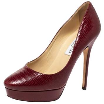 Pre Owned Jimmy Choo Red Lizard Embossed Leather Cosmic Platform Pumps Size 36.5