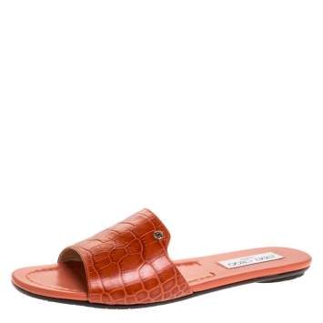 Pre Owned Jimmy Choo Dark Orange Croc Embossed Leather Nanda Flat Slides Size 38