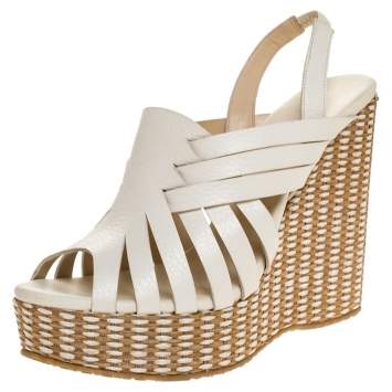 Pre Owned Jimmy Choo White Leather And Brown Raffia Perdita Wedge Platform Sandals Size 39