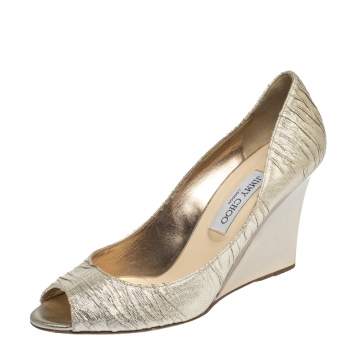Pre Owned Jimmy Choo Gold Pleated Lame Fabric Baxen Peep Toe Wedge Pumps Size 40
