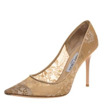 Pre Owned Jimmy Choo Beige Lace and Patent Leather Trim Abel Pointed Toe Pumps Size 38.5