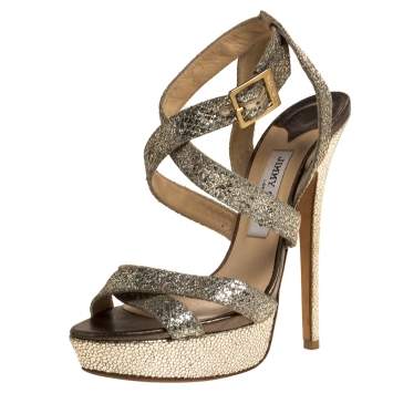 Pre Owned Jimmy Choo Metallic Silver Glitter Fabric Vamp Platform Strappy Sandals Size 39