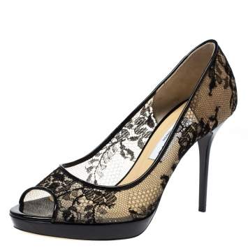 Pre Owned Jimmy Choo Black Lace And Mesh Dahlia Peep Toe Pumps Size 40