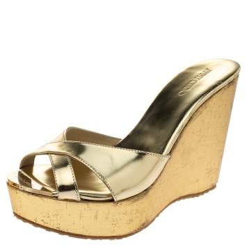 Pre Owned Jimmy Choo Gold Patent Leather Perfume Cork Wedge Platform Sandals Size 39.5