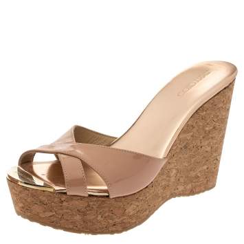 Pre Owned Jimmy Choo Beige Patent Leather Prima Cork Wedge Platform Sandals Size 39.5