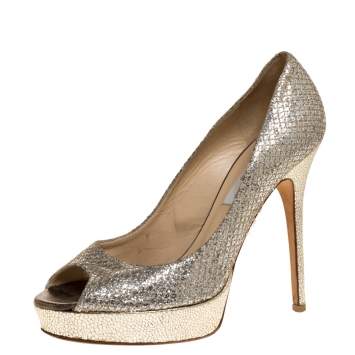 Pre Owned Jimmy Choo Gold Glitter and Patent Leather Dahlia Platform Pumps Size 39