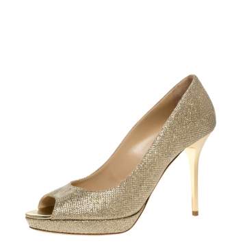 Pre Owned Jimmy Choo Gold Glitter Fabric Luna Peep Toe Platform Pumps Size 39