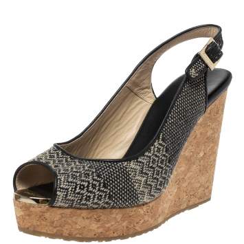 Pre Owned Jimmy Choo Black Woven Fabric Prova Slingback Wedge Sandals Size 38.5