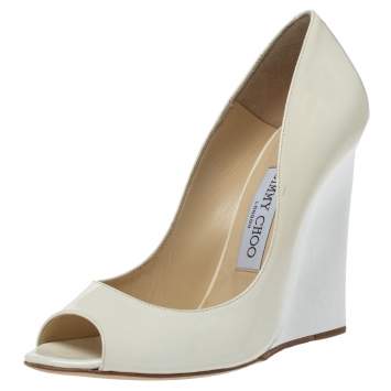 Pre Owned Jimmy Choo Cream/White Patent Baxen Peep-Toe Wedges Size 37.5