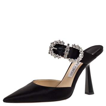 Pre Owned Jimmy Choo Black Satin Crystal Buckle Embellished Smokey Mules Size 38