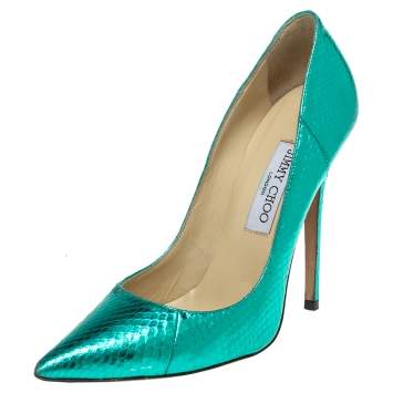 Pre Owned Jimmy Choo Metallic Python Embossed Leather Abel Pointed Pumps Size 38.5
